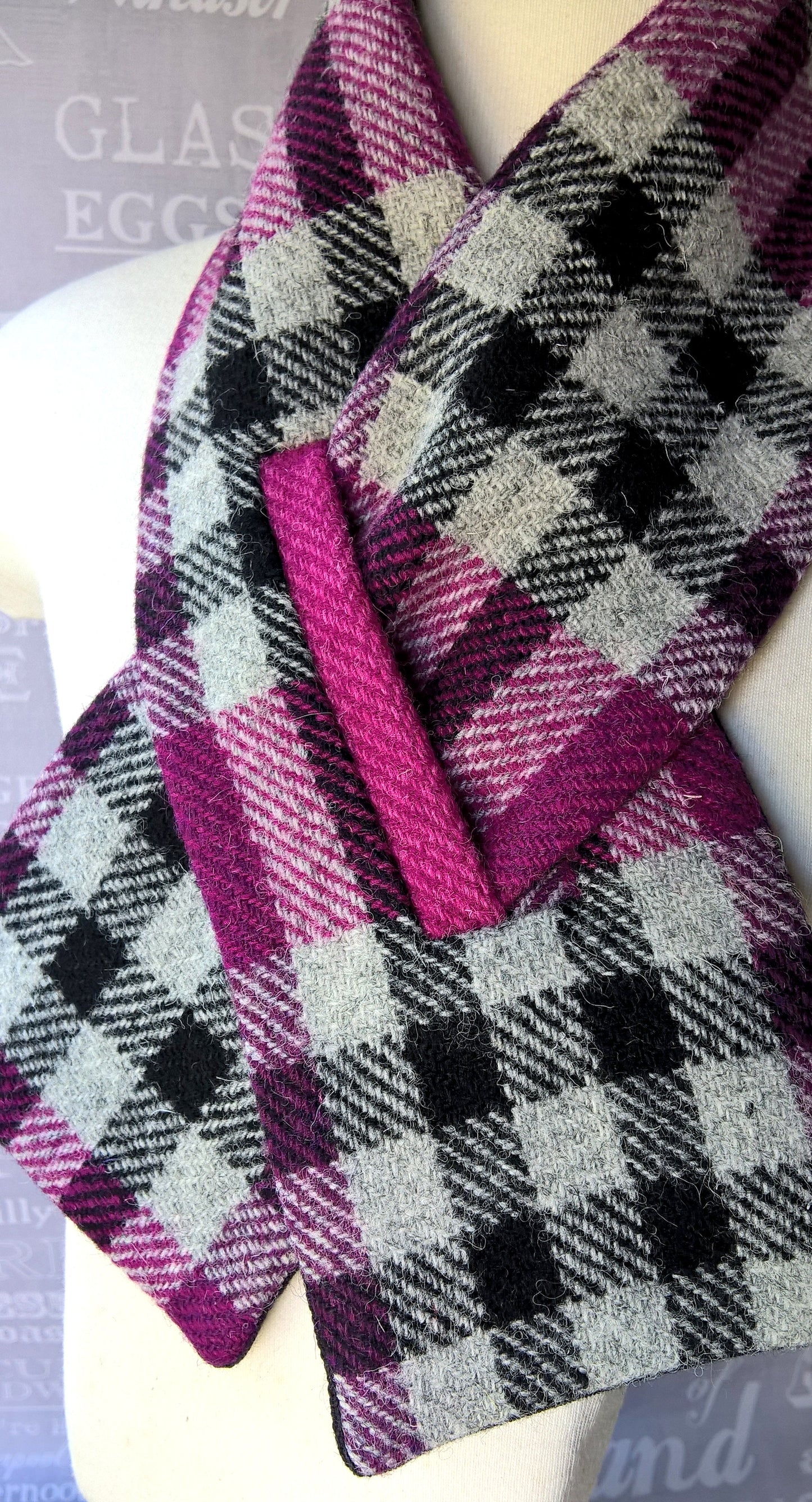 Purple check Harris Tweed wool & cotton scarf