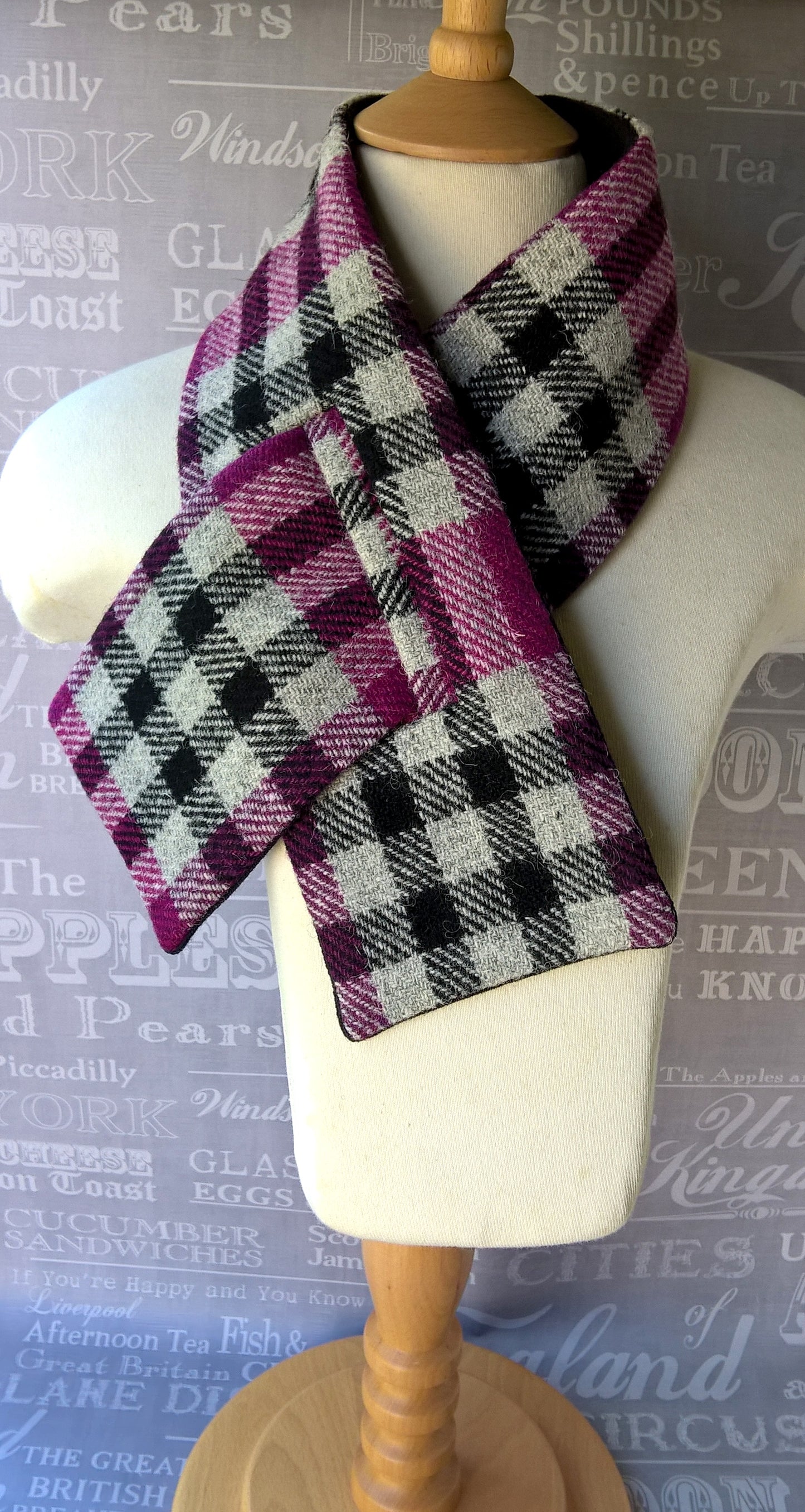 Purple check Harris Tweed wool & cotton scarf