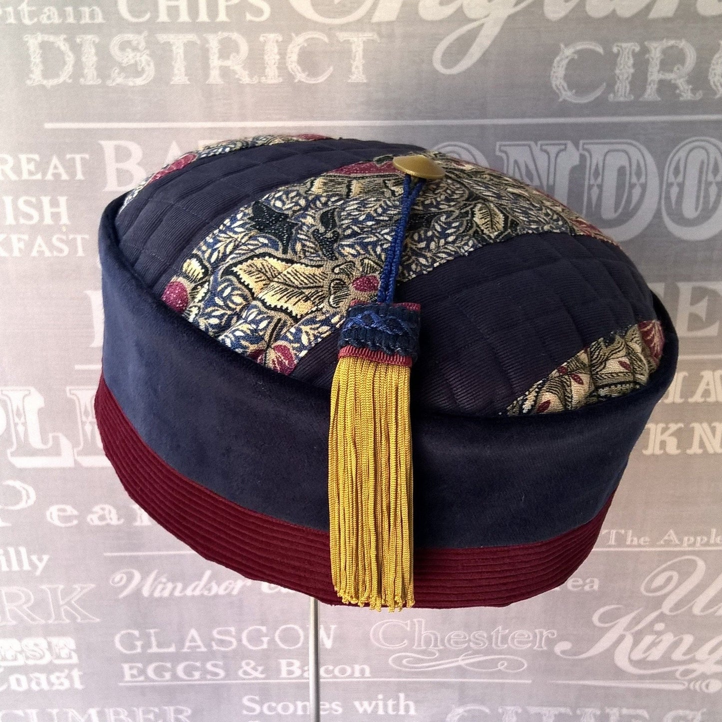 Handmade Paisley Smoking Cap in navy velvet and burgundy corduroy , with vintage  button and removable tassel by TwiLd Capit Hog