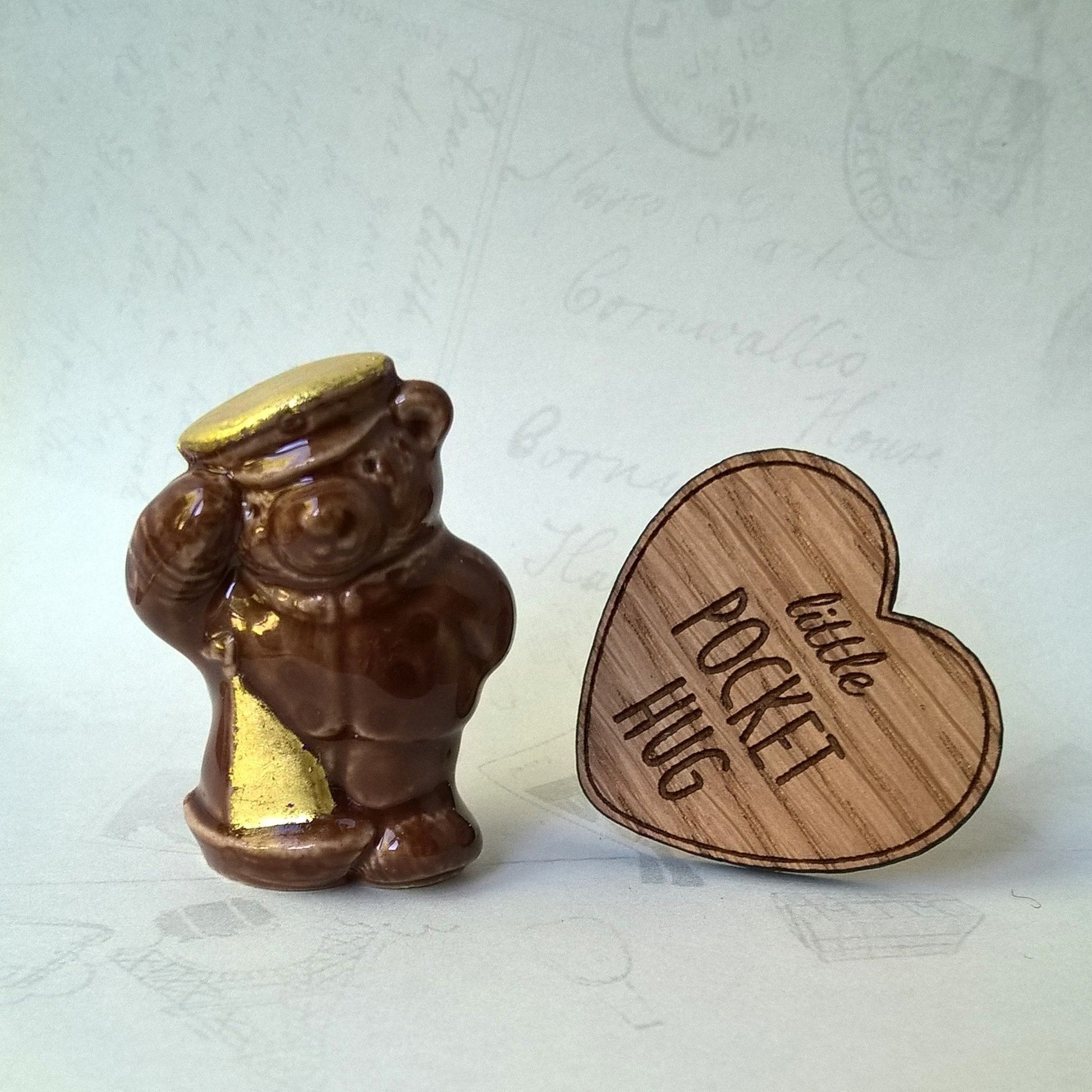 Little gilded vintage bear and engraved wooden heart pocket hug