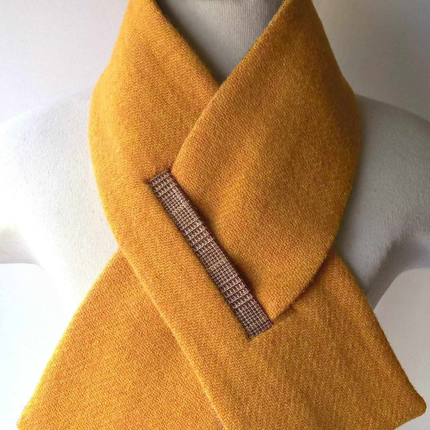Yellow Harris Tweed keyhole scarf with checked linen by Twild Capit Hog