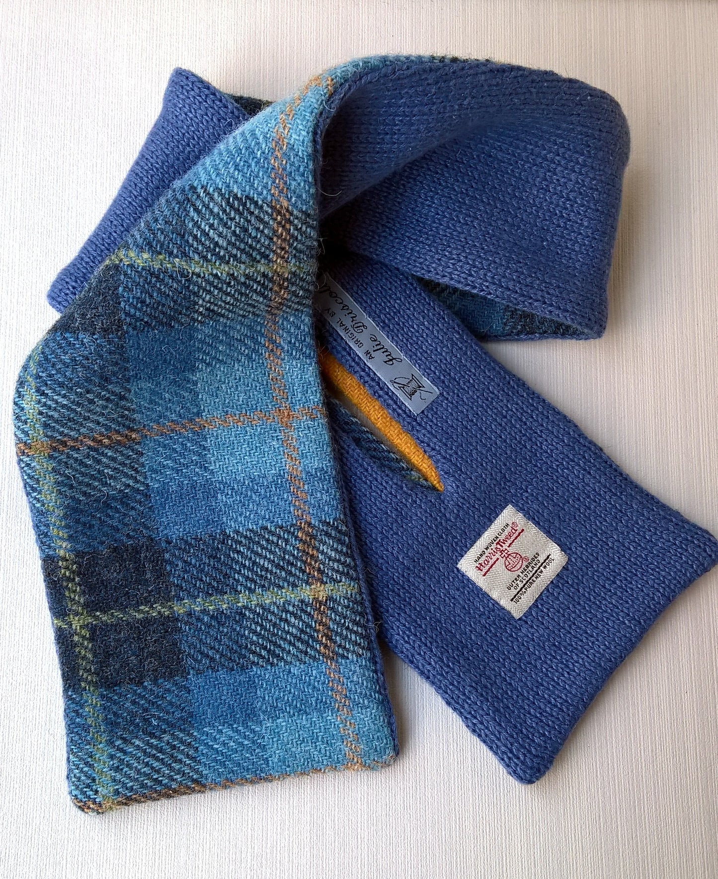Blue check Harris Tweed wool & cotton scarf