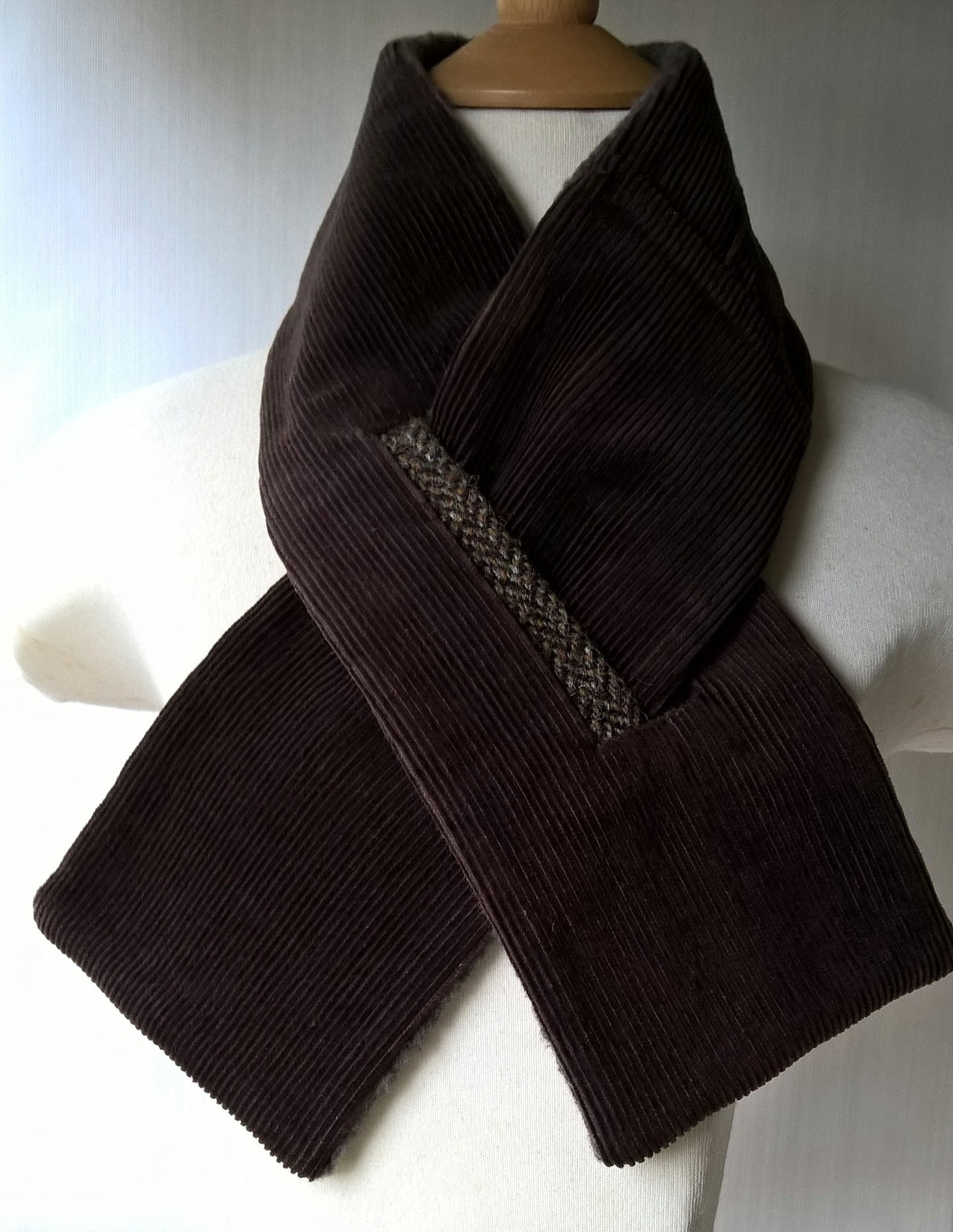 Brown corduroy fleece lined cravat with harris tweed trim