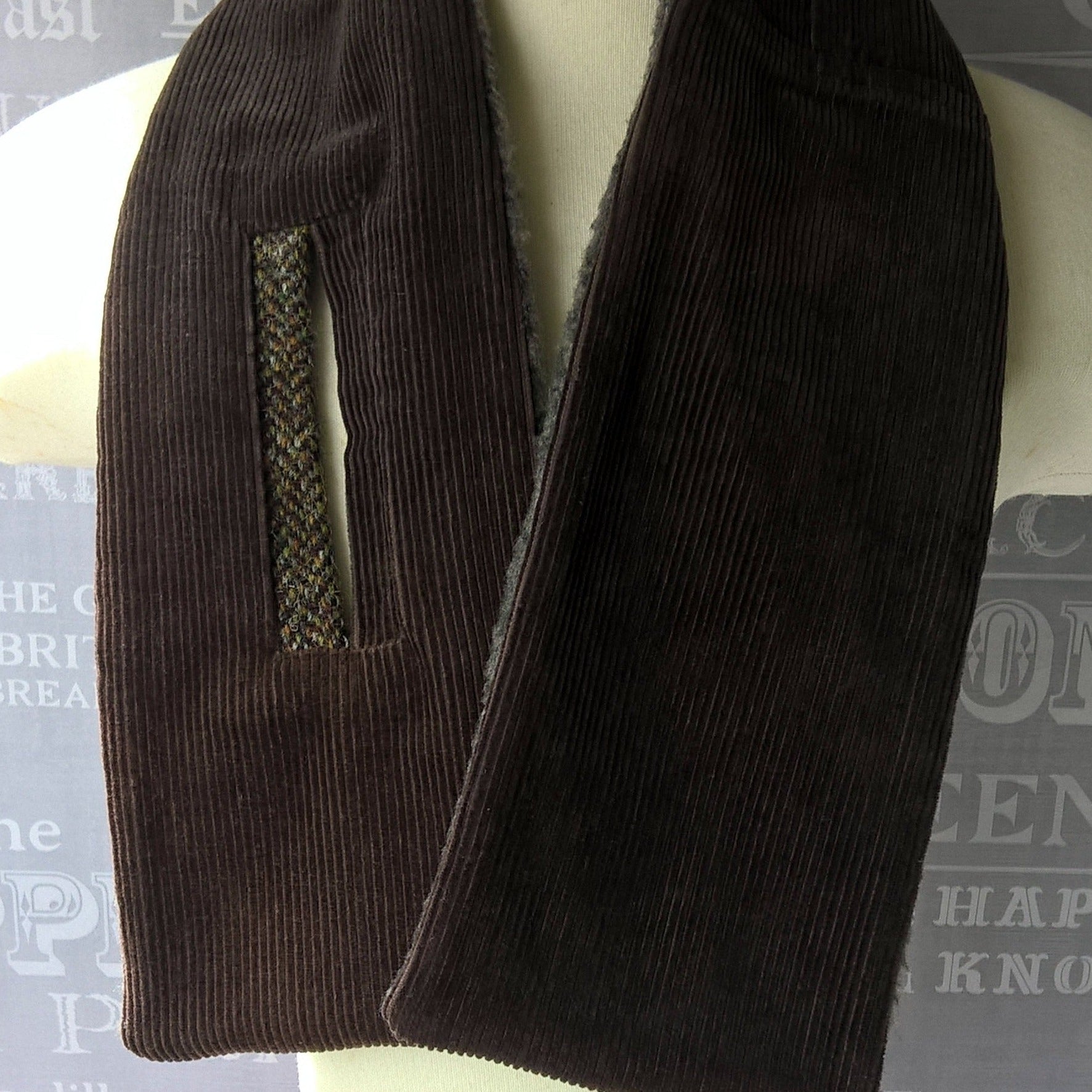 Brown corduroy and fleece cravat with harris tweed trim