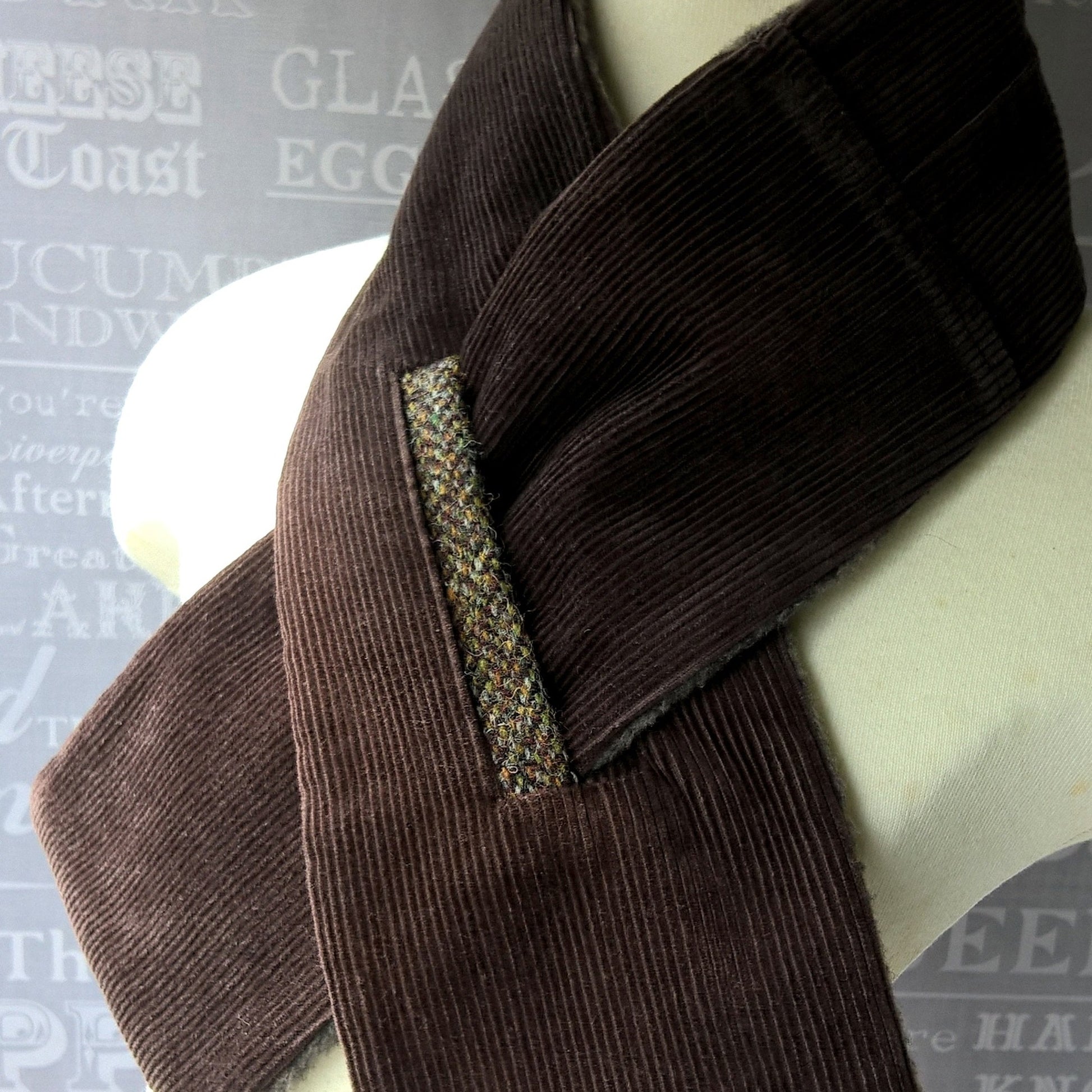 Upcycled brown corduroy and marl fleece neck warmer with harris tweed trim