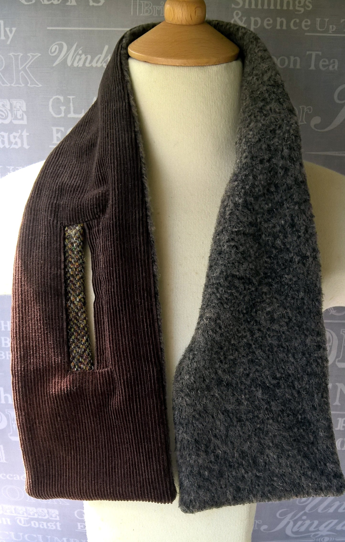 Upcycled brown corduroy fleece lined keyhole scarf