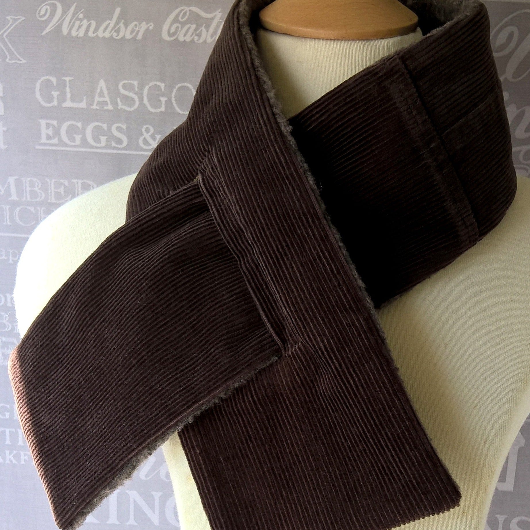 Upcycled brown corduroy and marl fleece keyhole scarf