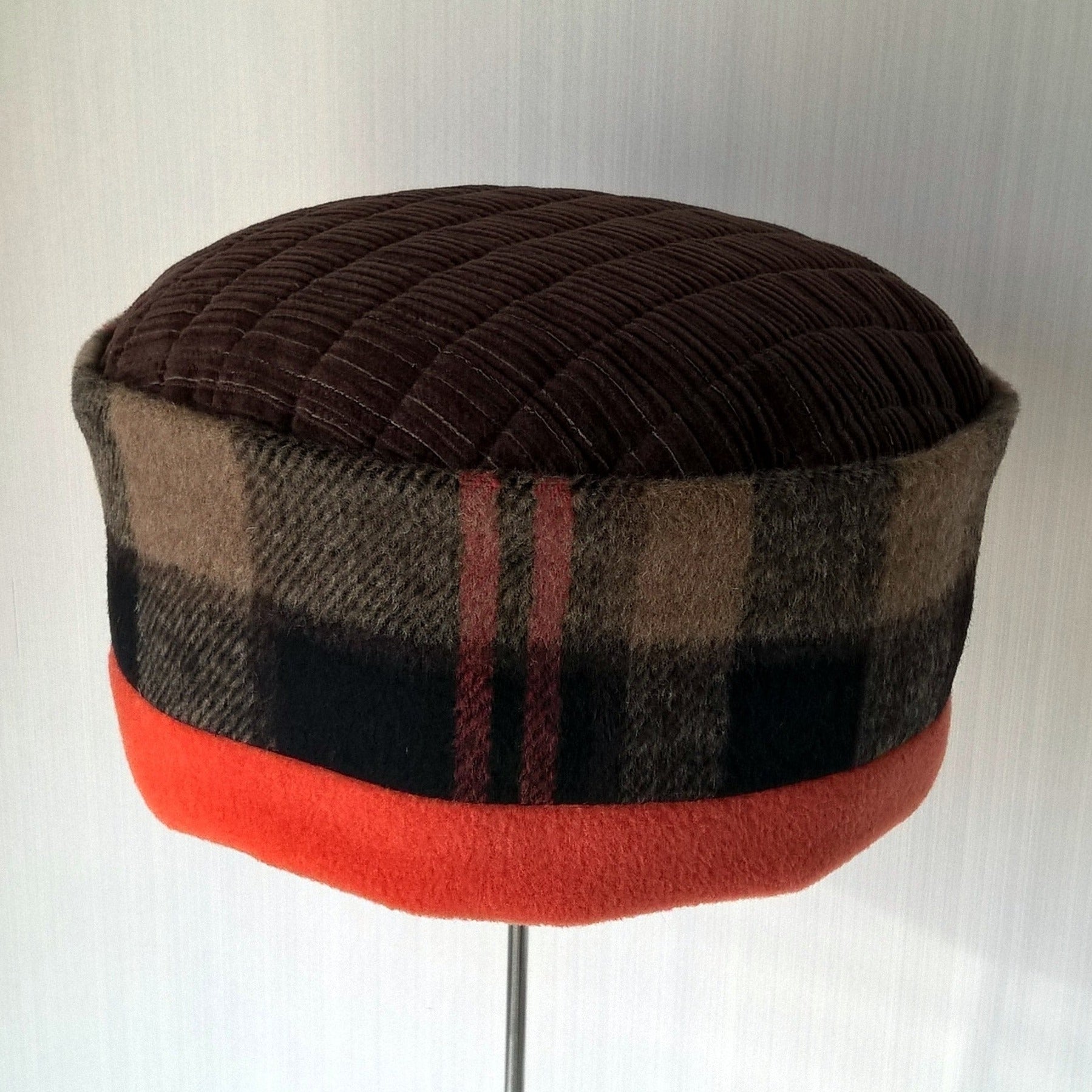 Brown and orange check fleece hat with corduroy tip