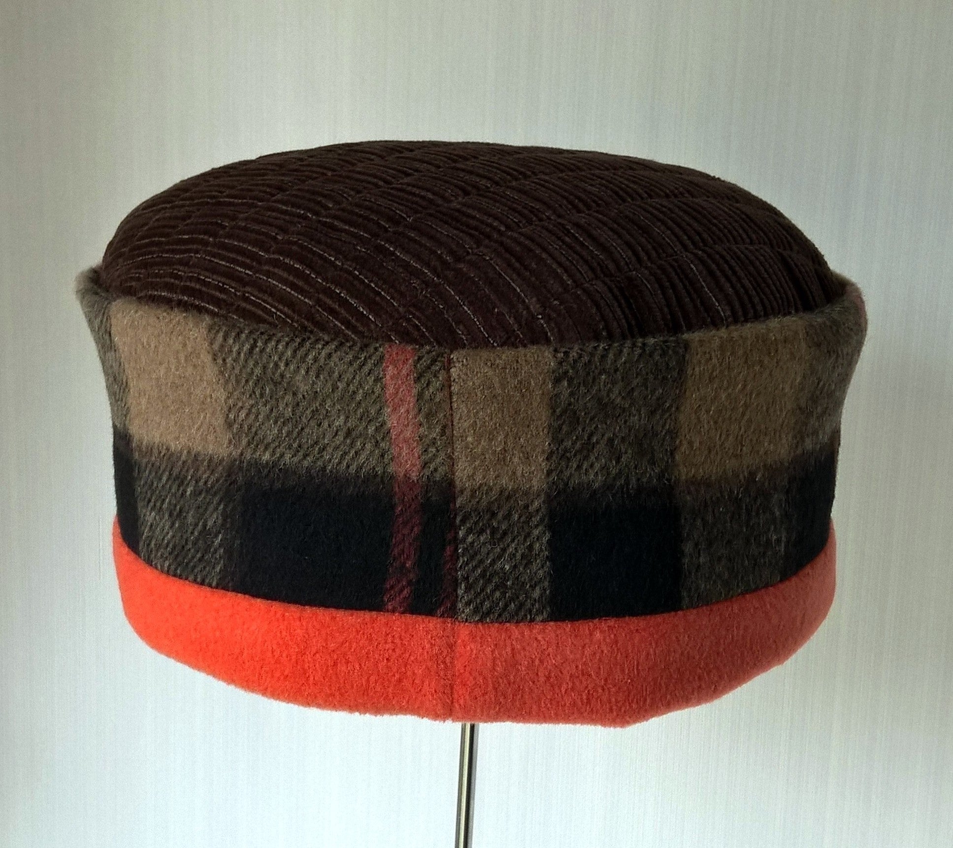Brown and orange check fleece cap with corduroy
