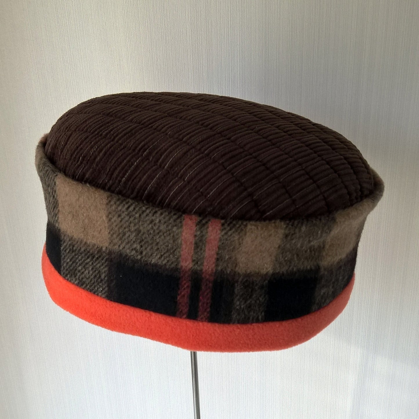 Handmade brimless hat in brown and orange check fleece and corduroy