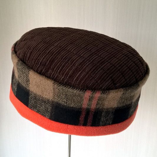 Handmade fleece hat in brown and orange  check 