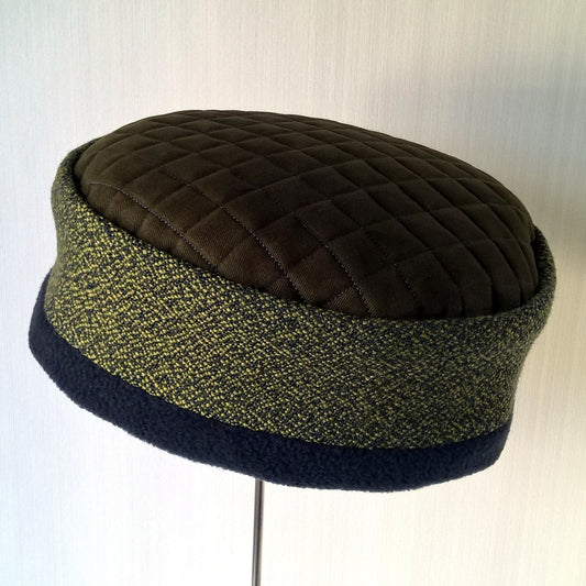 Green wool and blue fleece unisex pillbox hat