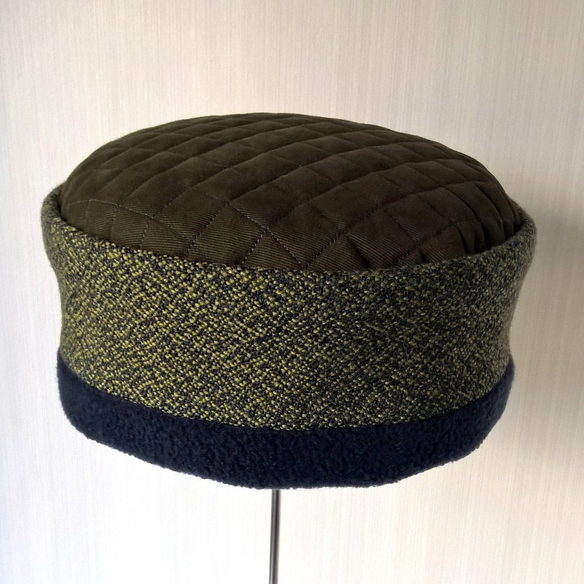 Khaki green speckled wool and navy fleece brimless hat