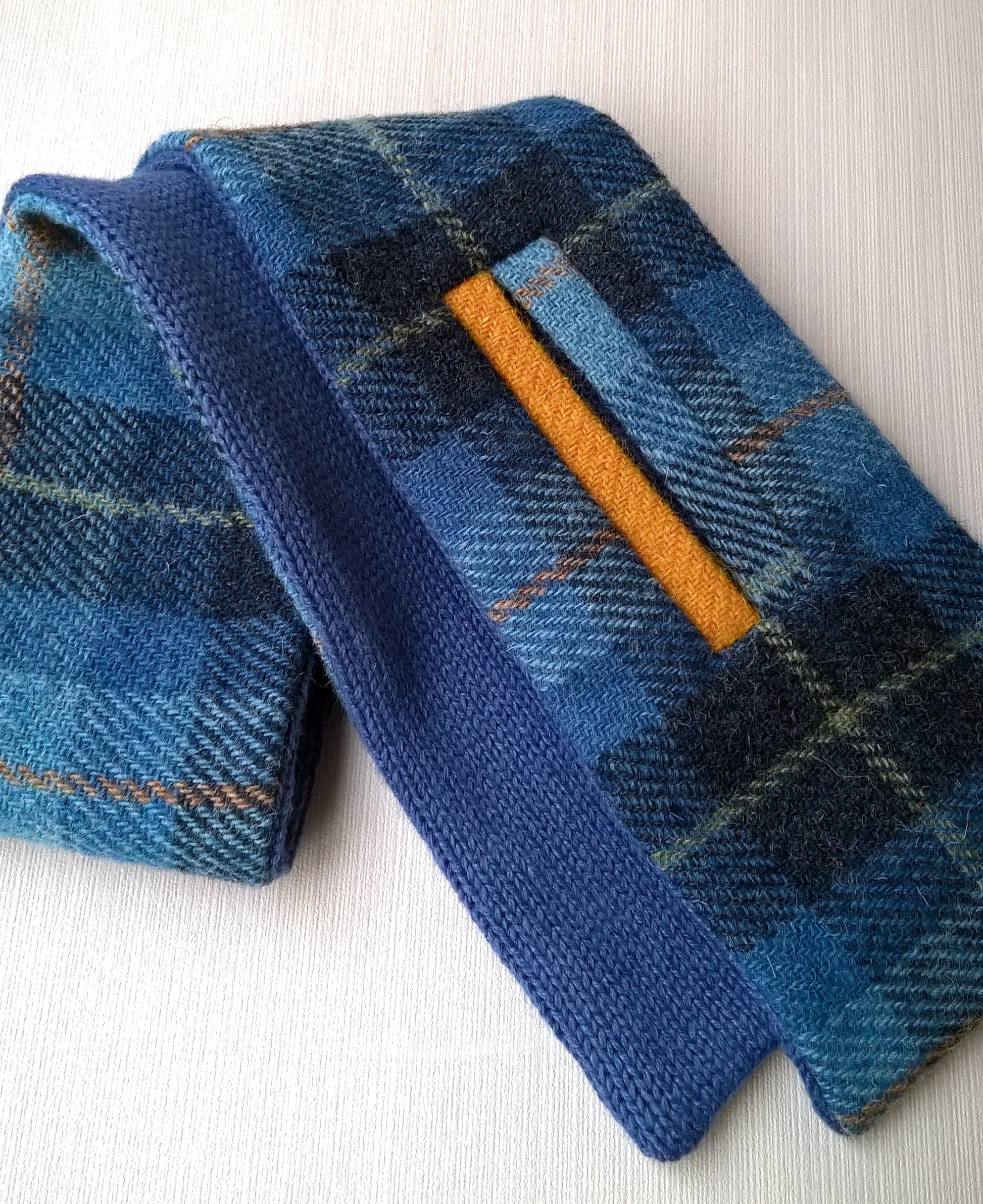 Harris Tweed wool scarf in blues with yellow