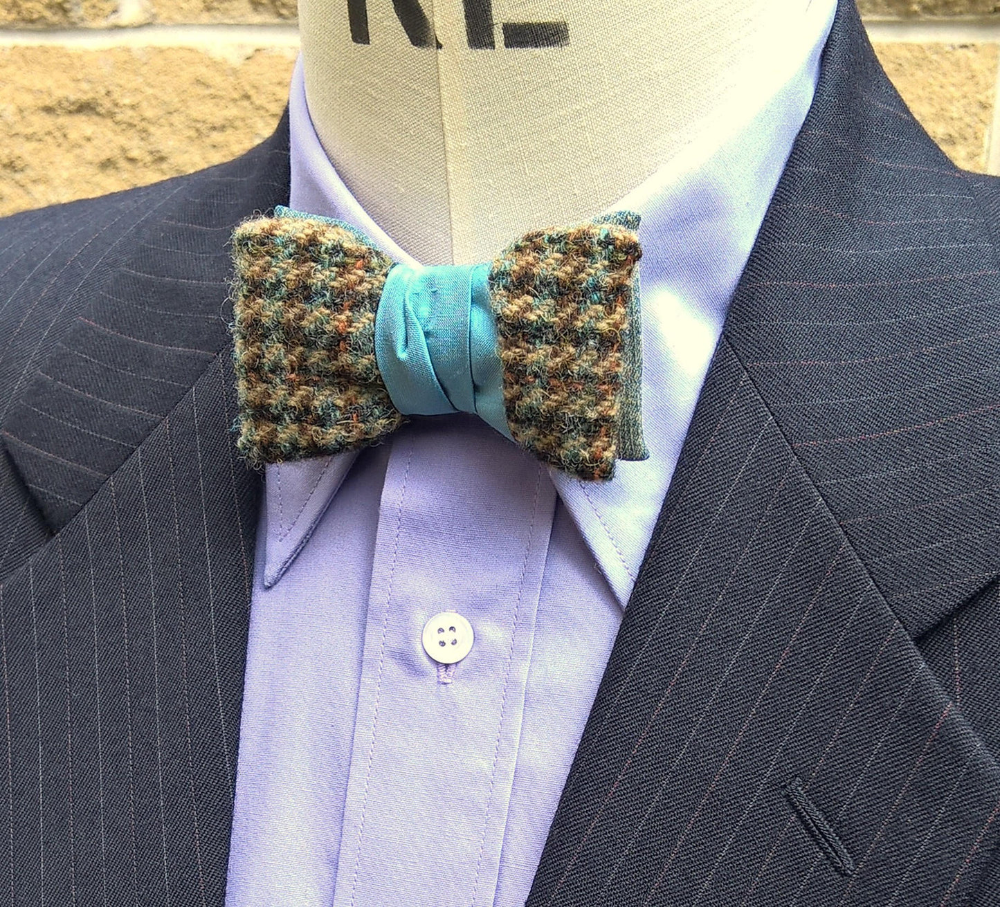 Asymmetrical Clip On Bowtie in Blue Wool Silk, Mens Retro 1950s Style Fashion