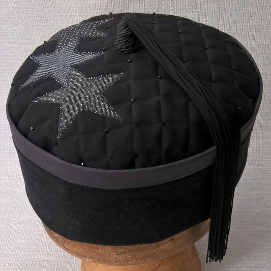 Wizards tassel smoking cap in black and grey with applique stars by TwiLd Capit Hog