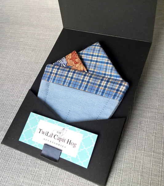 Pre Folded Pocket Square in Blue Check and Floral Design for the Dapper Gent