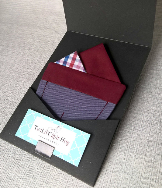 Pocket Square Pre Folded with Burgundy Gingham Check, Suit Accessory Retro Fashion
