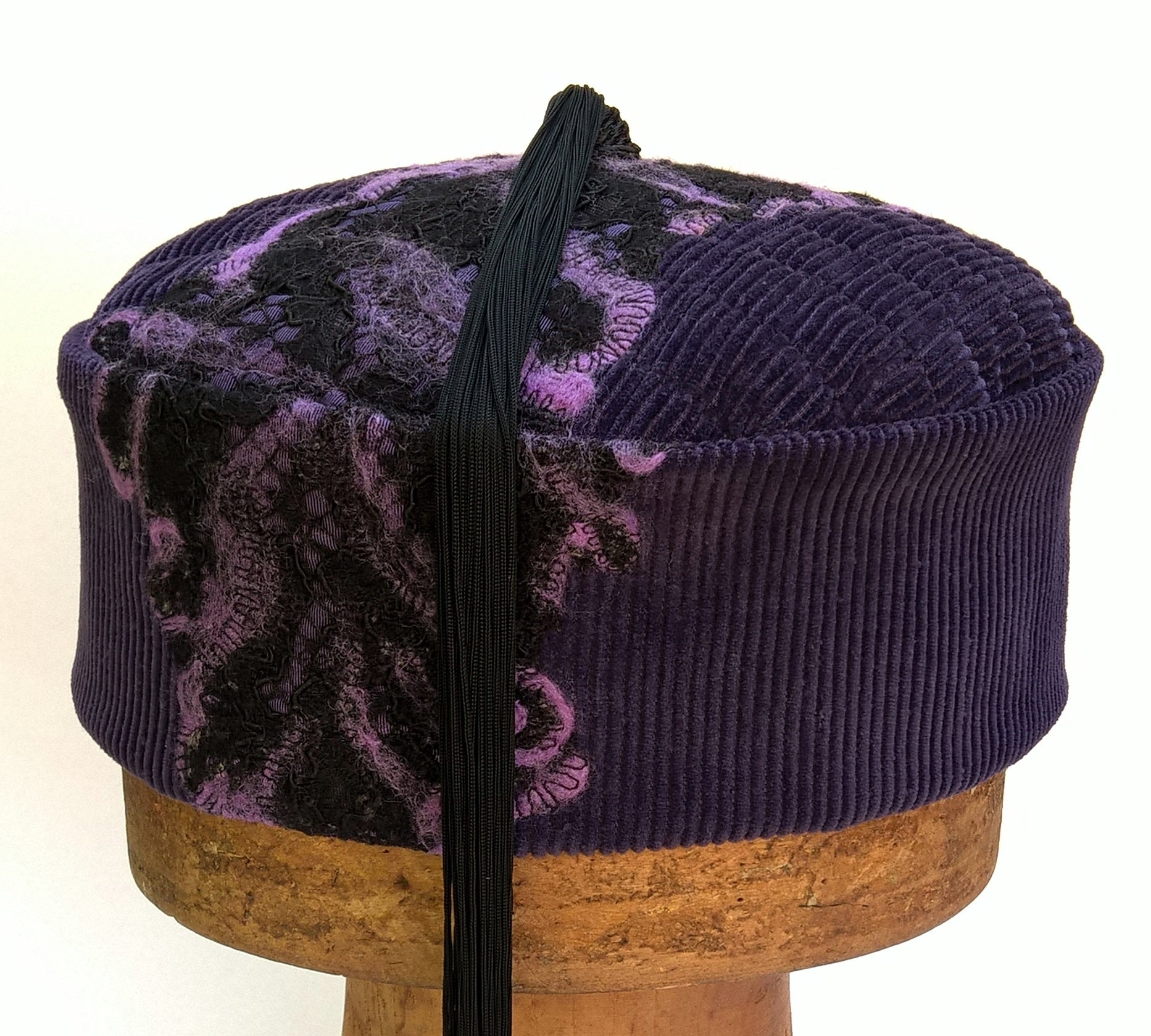 Original smoking cap with black lace and felting detail 