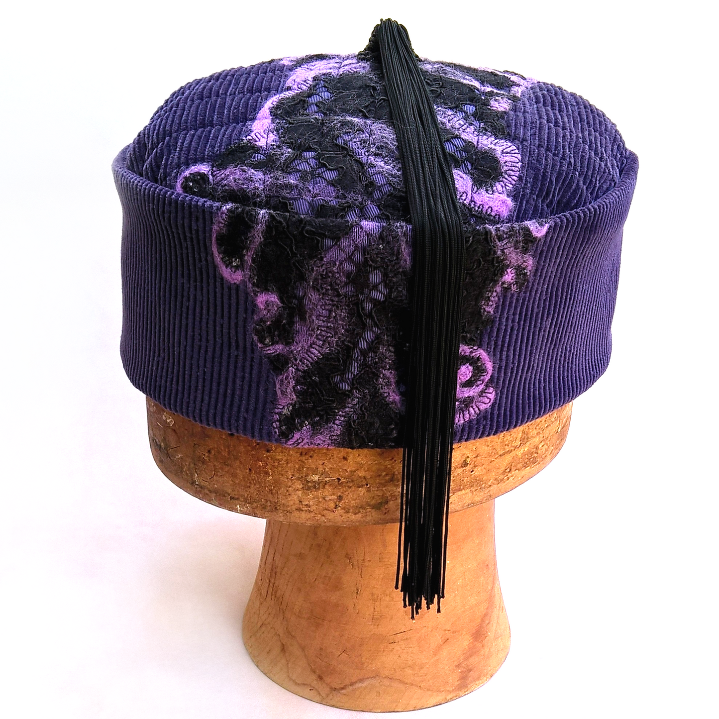 Purple smoking cap with black lace and nuno felting detail