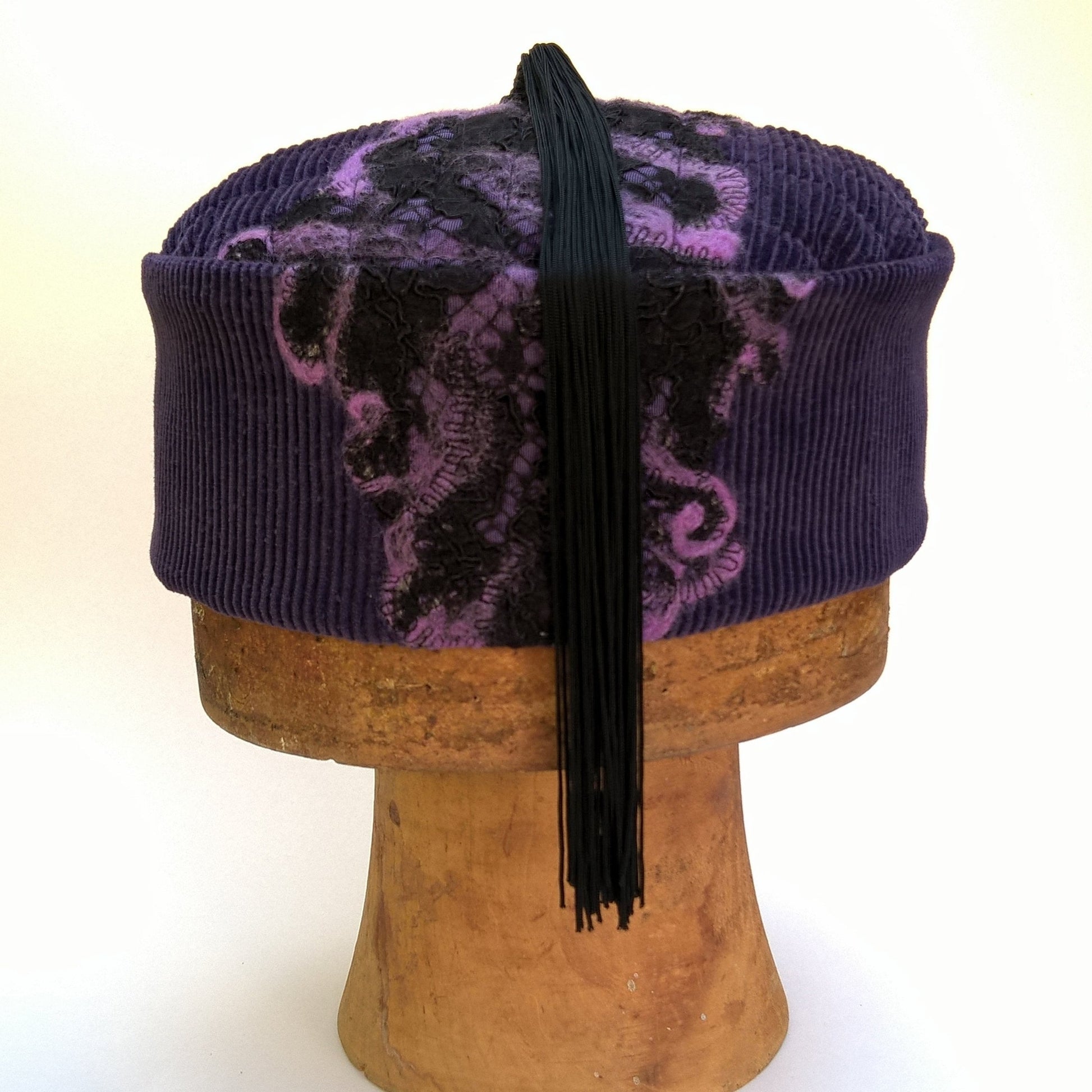 Bohemian smoking cap with nuno felting on purple corduroy