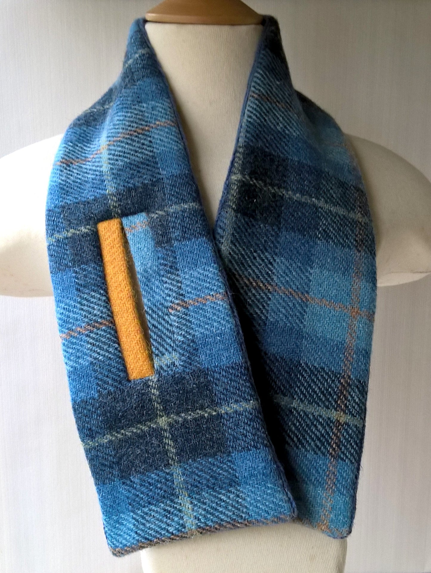 Short cravat style scarf in blue and yellow check Harris Tweed